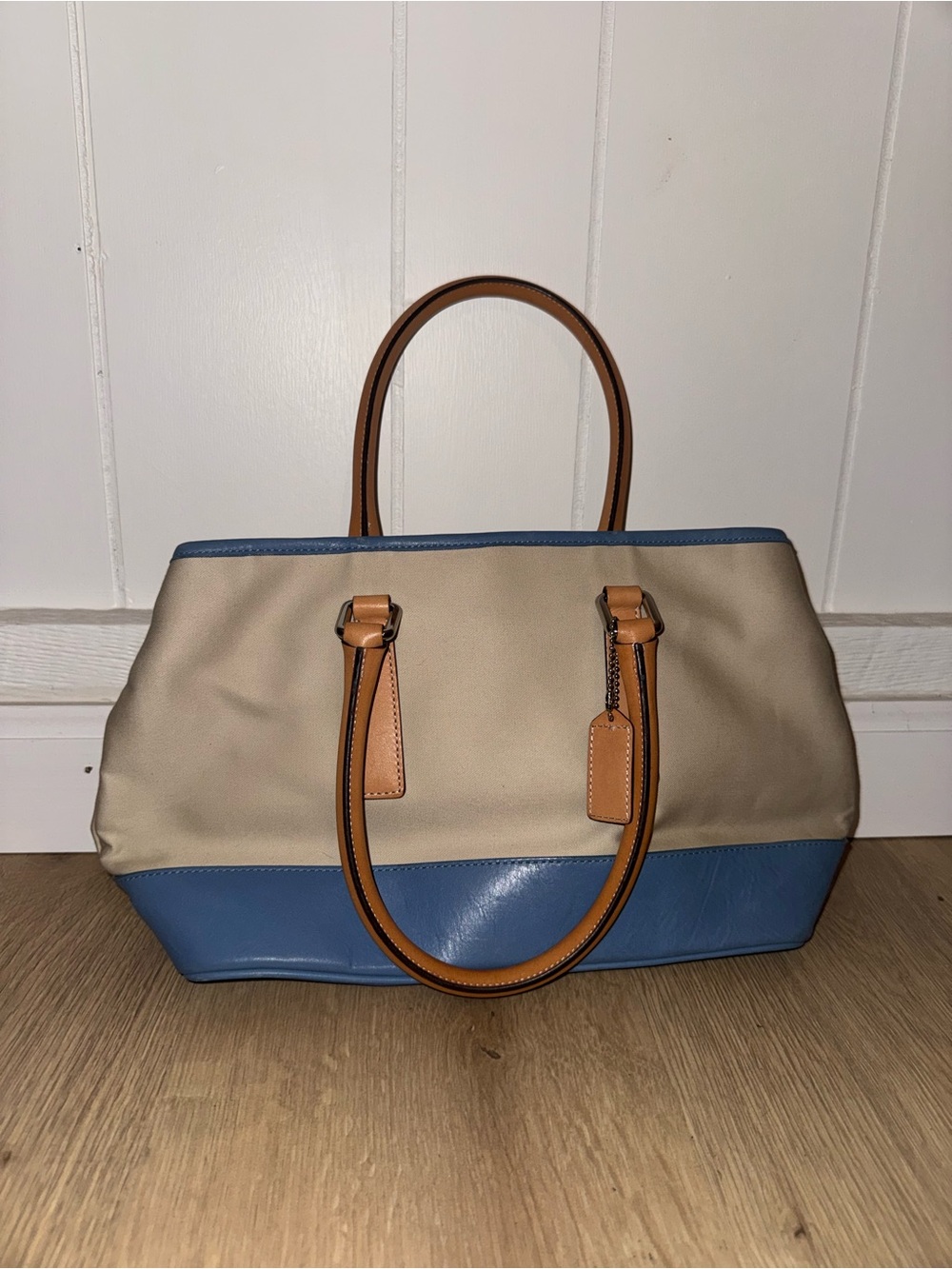 Coach Two-Tone Canvas & Leather Tote in Blue, Cream & Tan